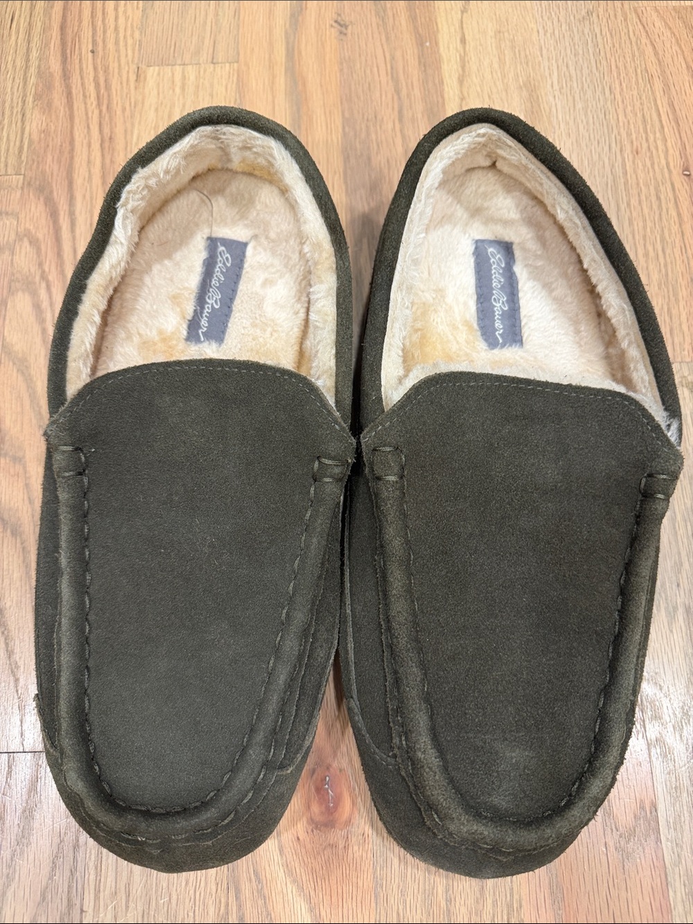 Eddie Bauer Venetian Moccasin Slippers Men’s Size 12 Olive Suede Faux Fur Lined